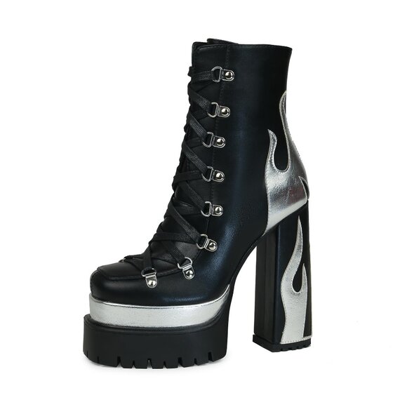 Shoes - HiColor silver flames printing high-heeled thick-heeled lace-up boots zipper 11
